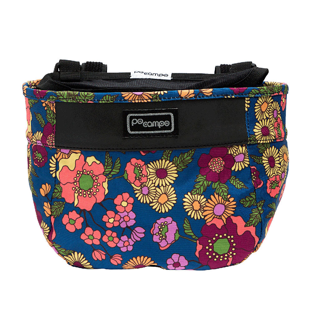 Colorful floral-patterned bicycle bag with a black strap on a white background