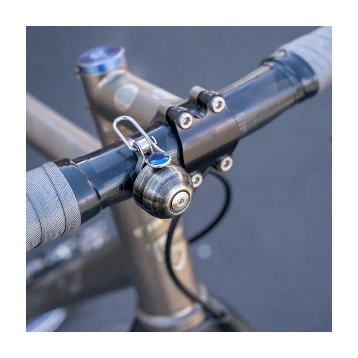 Close-up of a bicycle handlebar with a bell attached, against a blurred background.