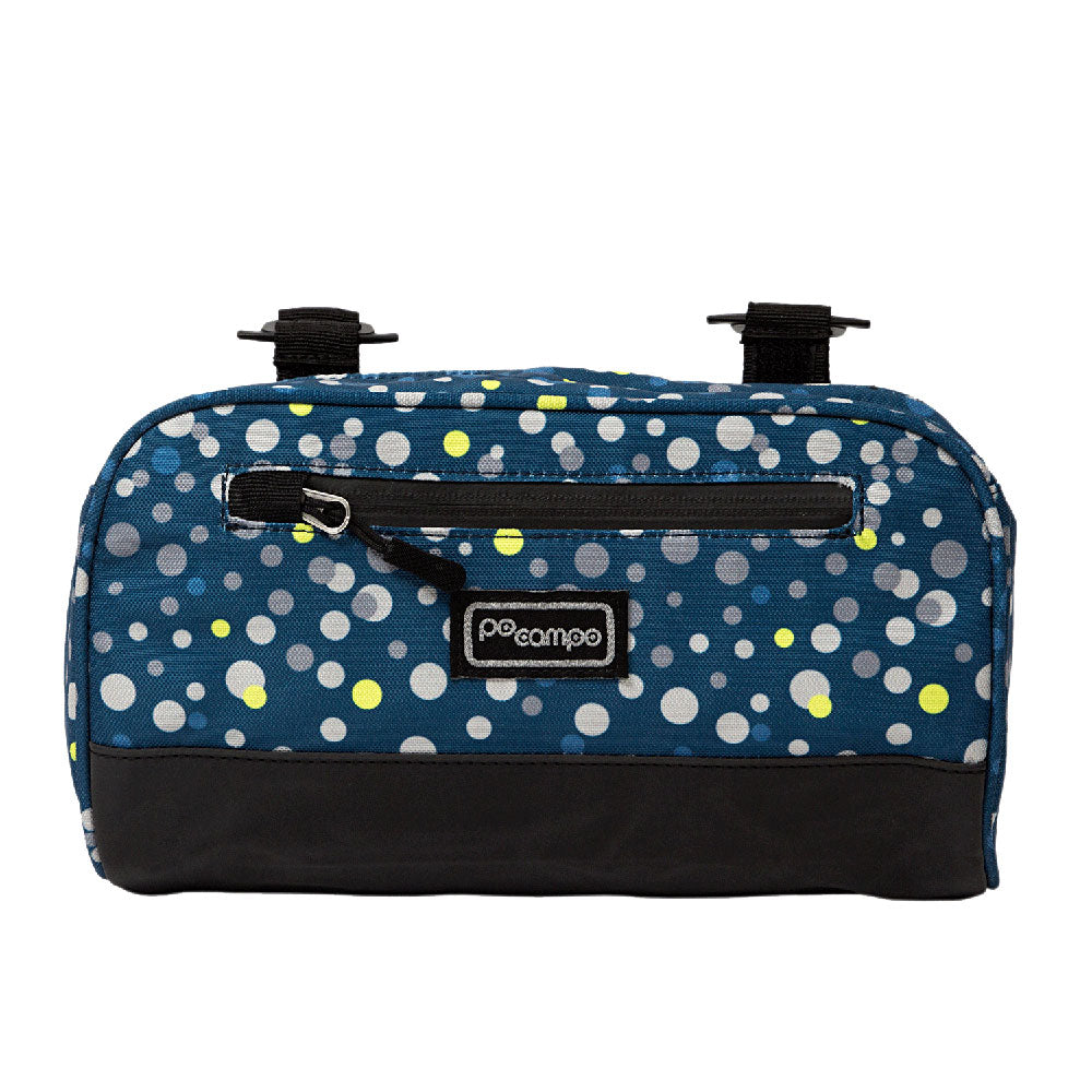 Blue handlebar bag with polka dot pattern and black base on a white background