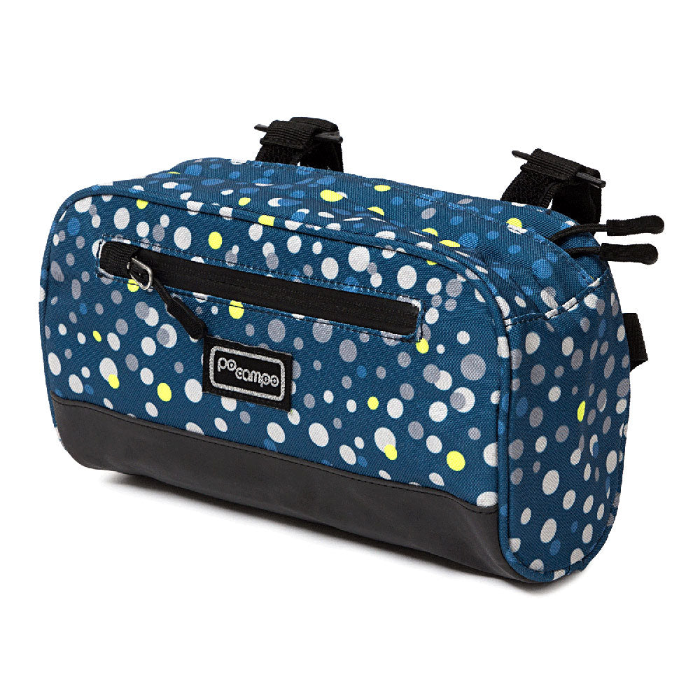 Blue polka dot handlebar bag with black accents on a white background