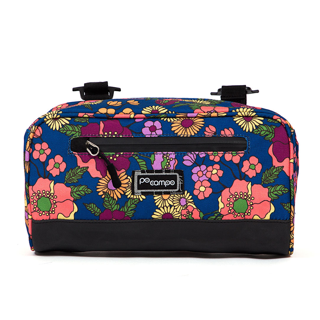 Floral-patterned handlebar bag with a black base on a white background