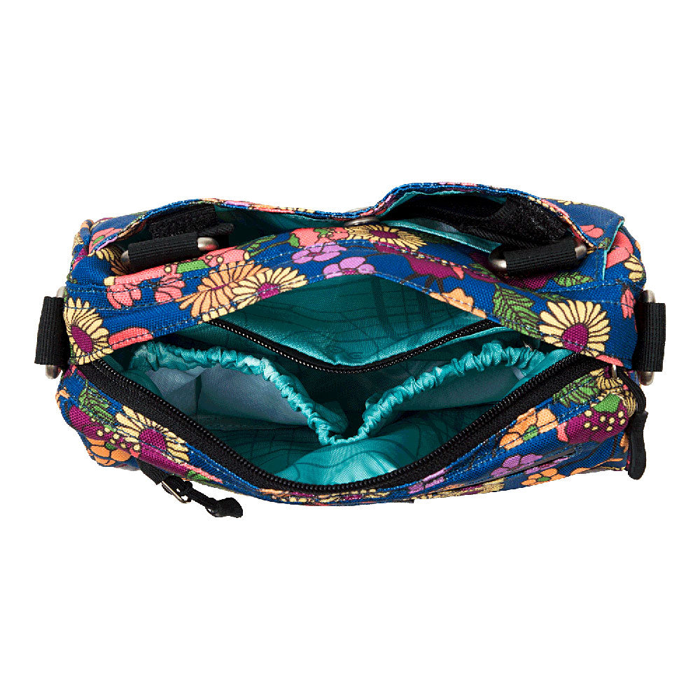 Floral-patterned handlebar bag with a teal interior on a white background