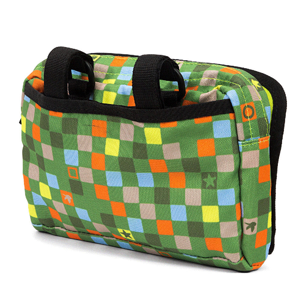 Colorful checkered bike bag with black straps on a white background