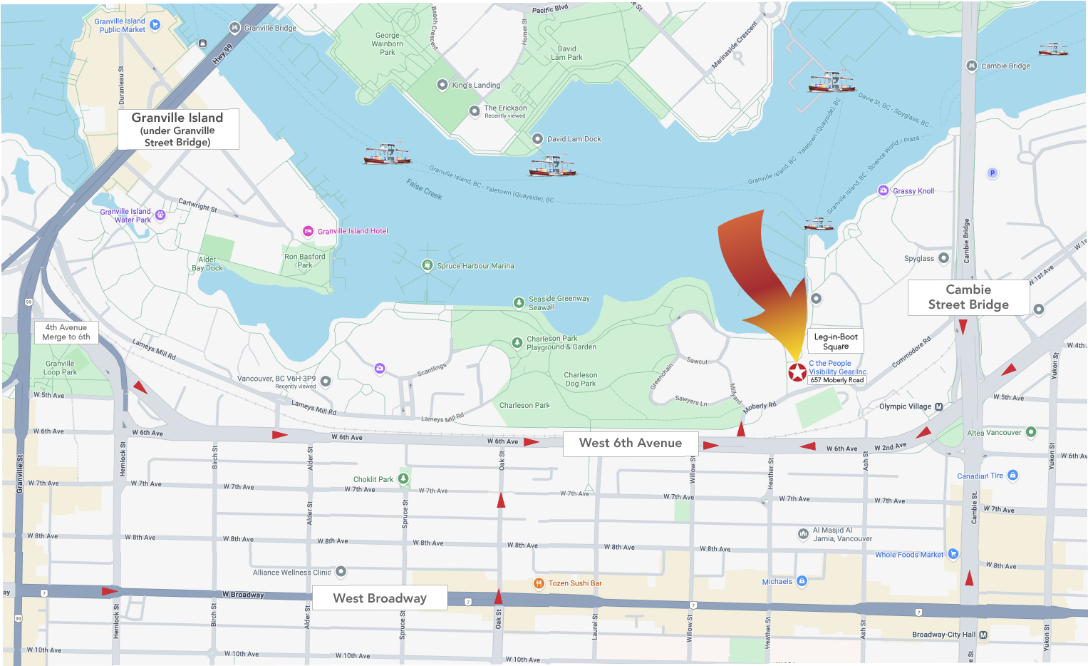 Map of a waterfront area with a red and orange arrow indicating store at 657 Moberly Road in False Creek South.
