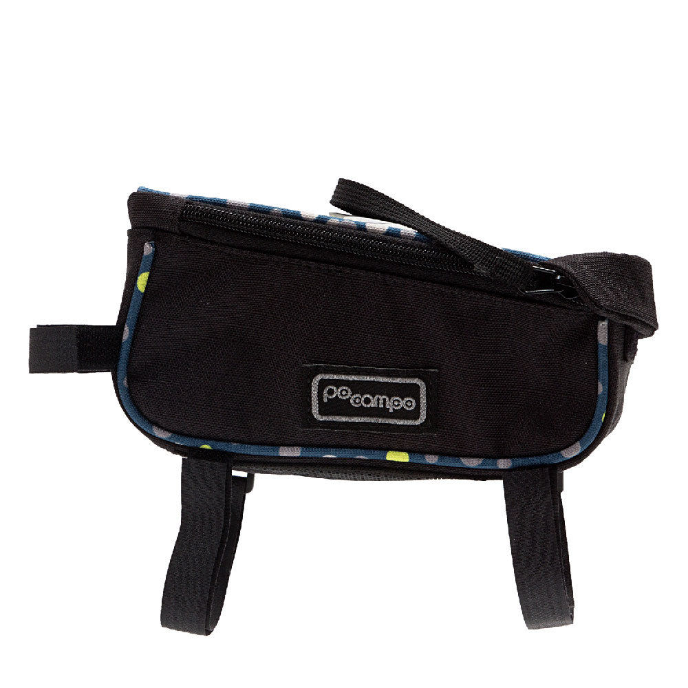 Black bike phone bag with colorful pattern on a white background