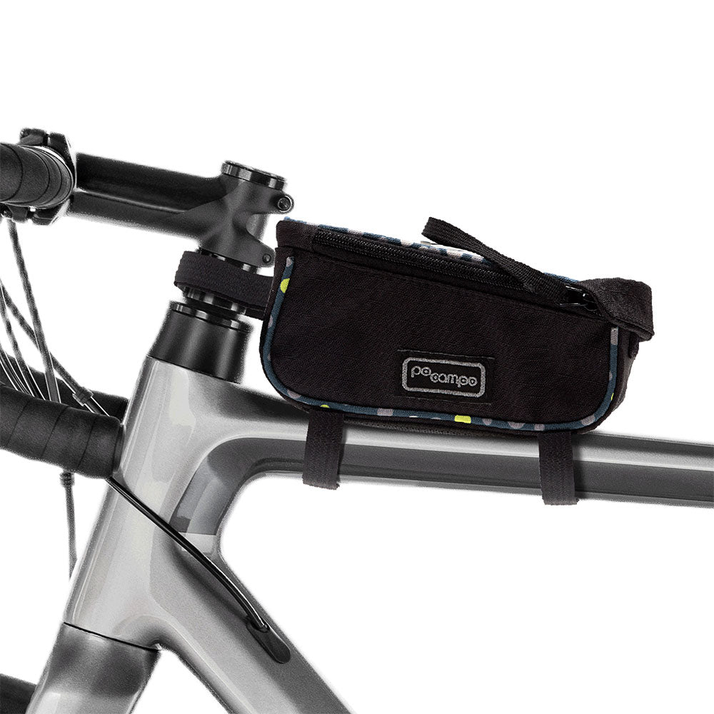 Black bike phone bag attached to a bicycle frame on a white background