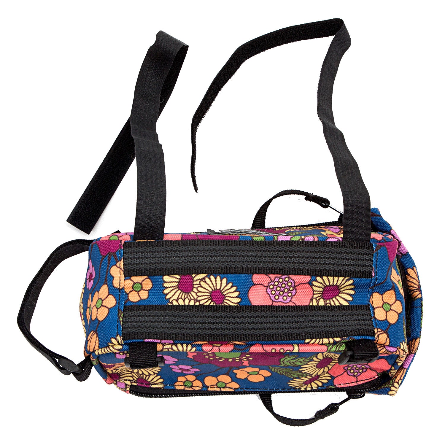 Multicolored floral-patterned bicycle phone bag with black straps on a white background