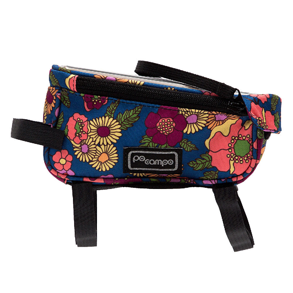 Floral-patterned bike phone bag with black straps on a white background