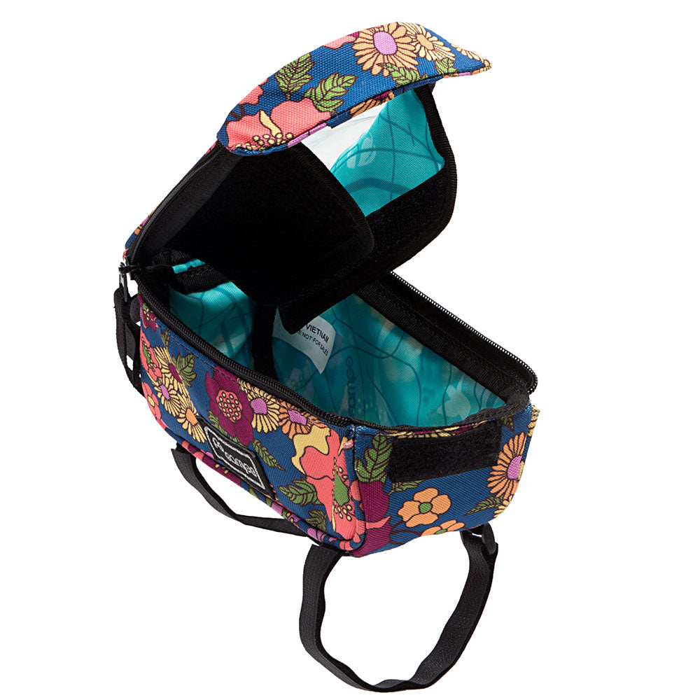 Colorful floral-patterned bicycle phone bag with a black handle on a white background