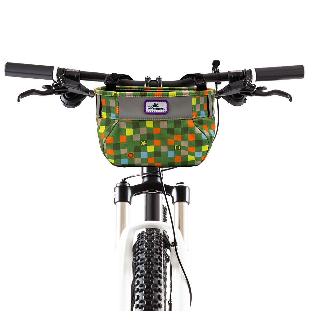 Bicycle handlebar bag with colorful checkered pattern on a white background