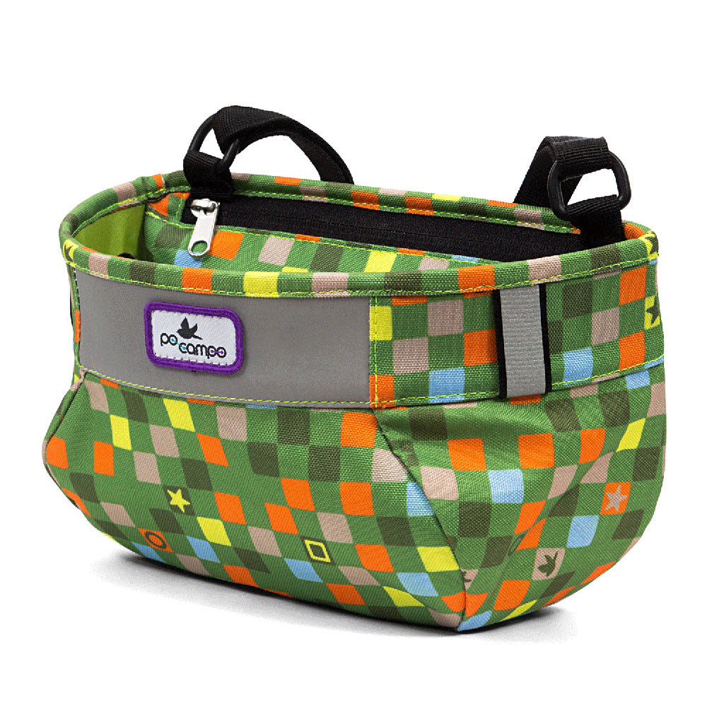 Colorful patterned handlebar bag with a visible brand logo on a white background