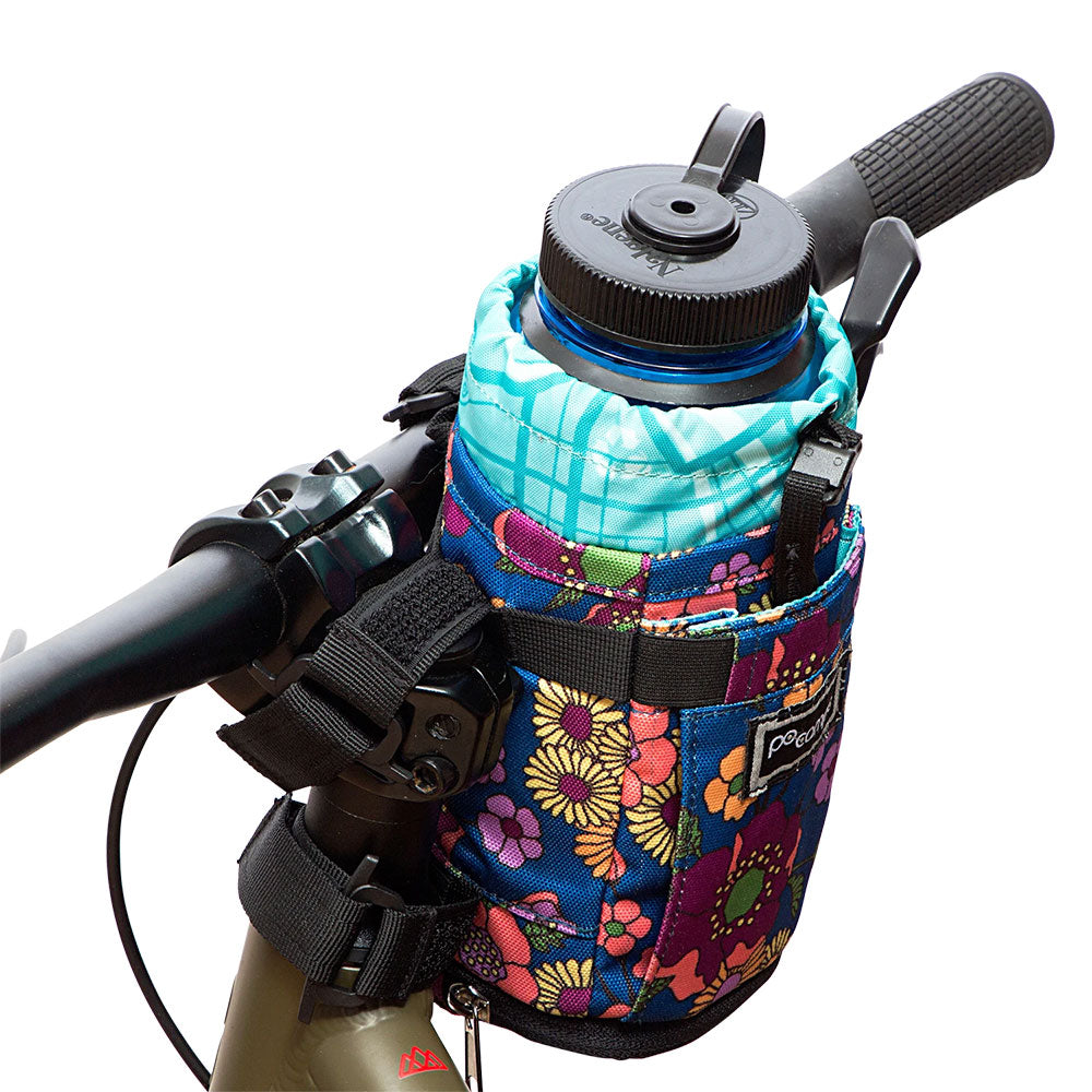 Colorful water bottle holder with a water bottle attached to handlebar on a white background
