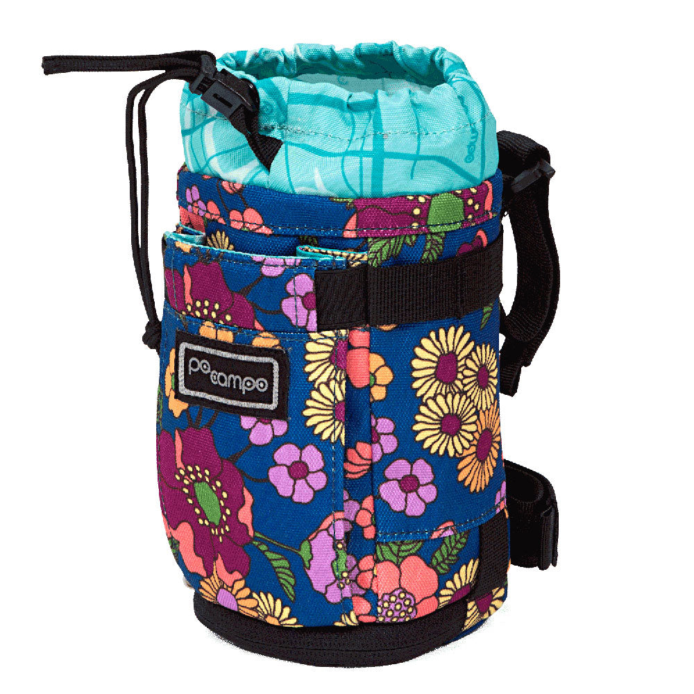 Colorful floral-patterned bike water-bottle holder with a drawstring on a white background
