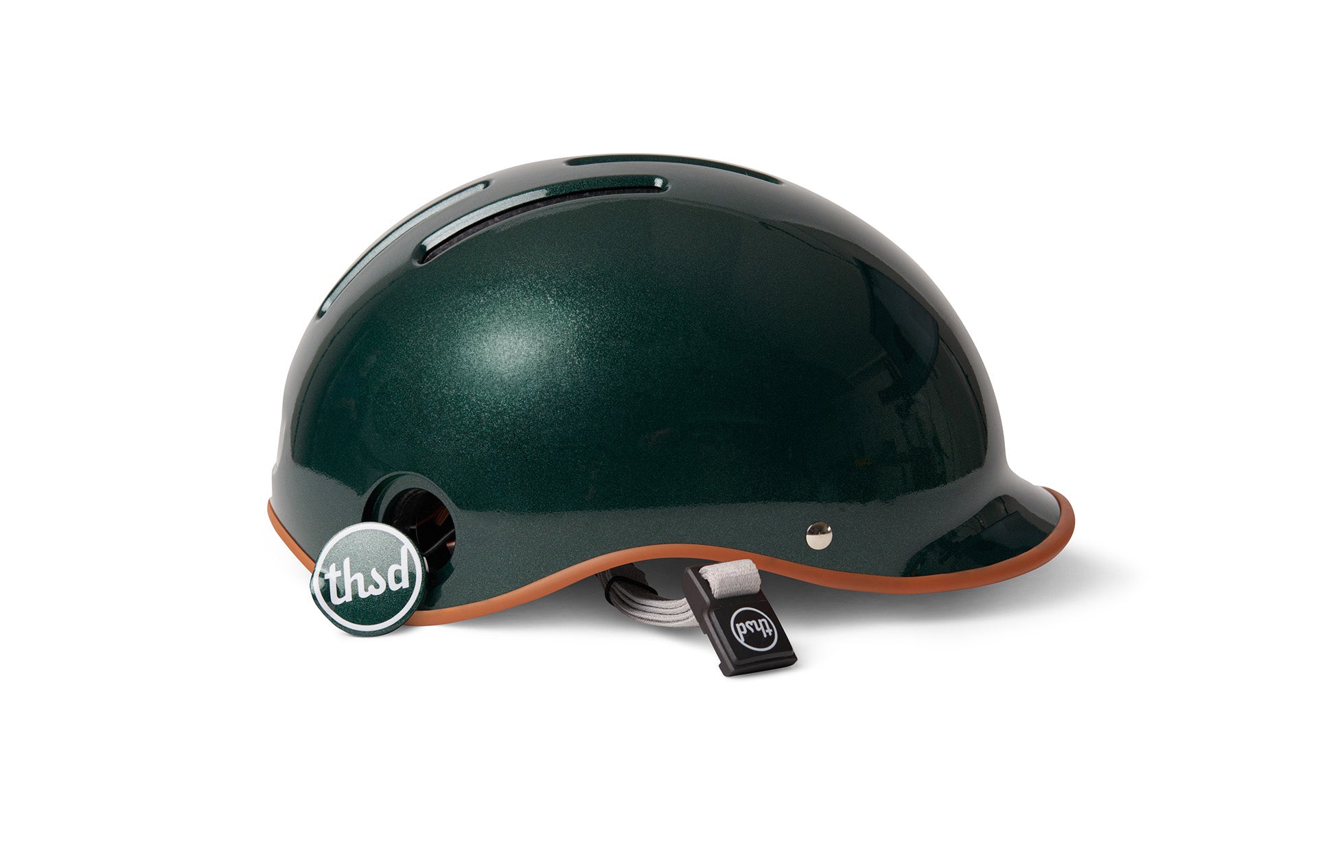 Green helmet with a visible thsd logo on a white background