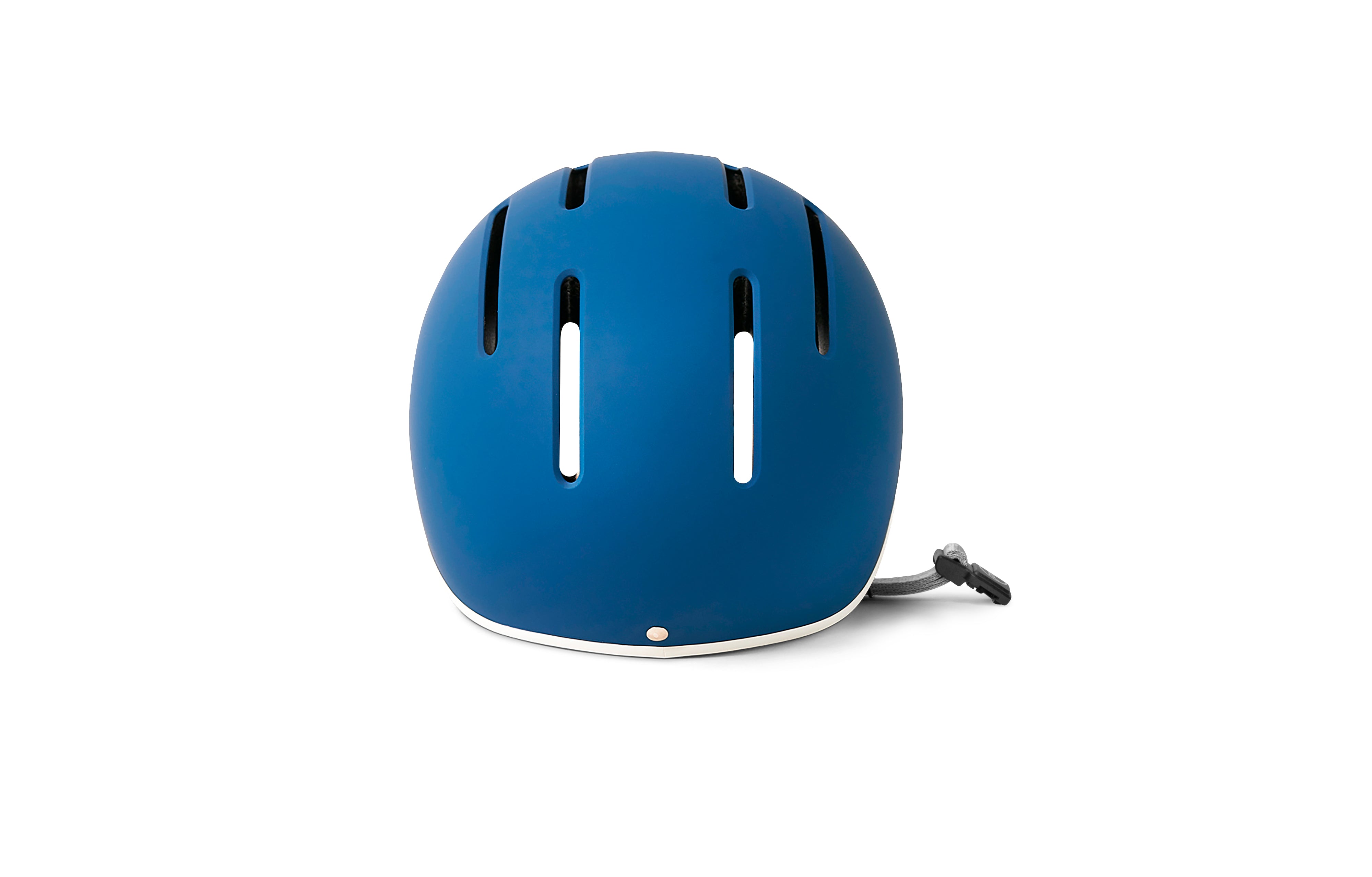Blue helmet with ventilation strips on a white background