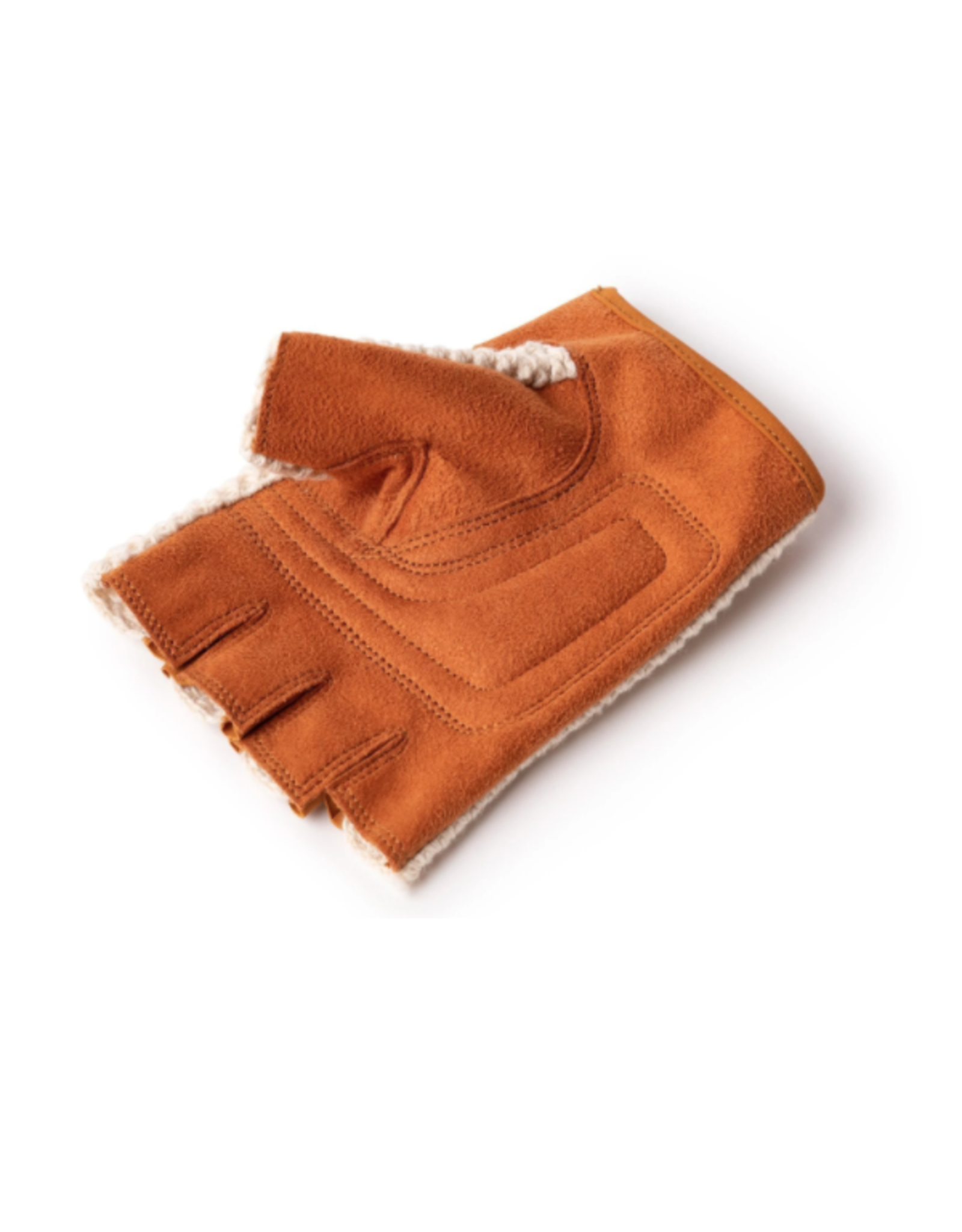 Brown fingerless gloves with white trim on a white background