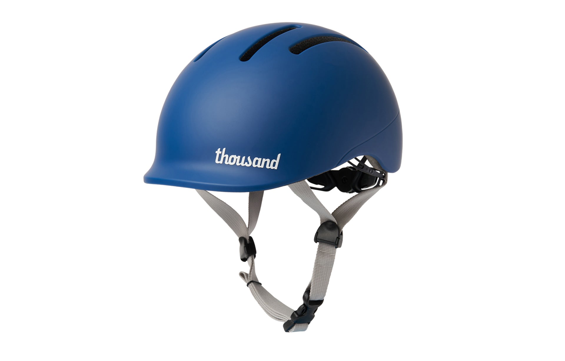 Blue helmet with cloth straps on a white background