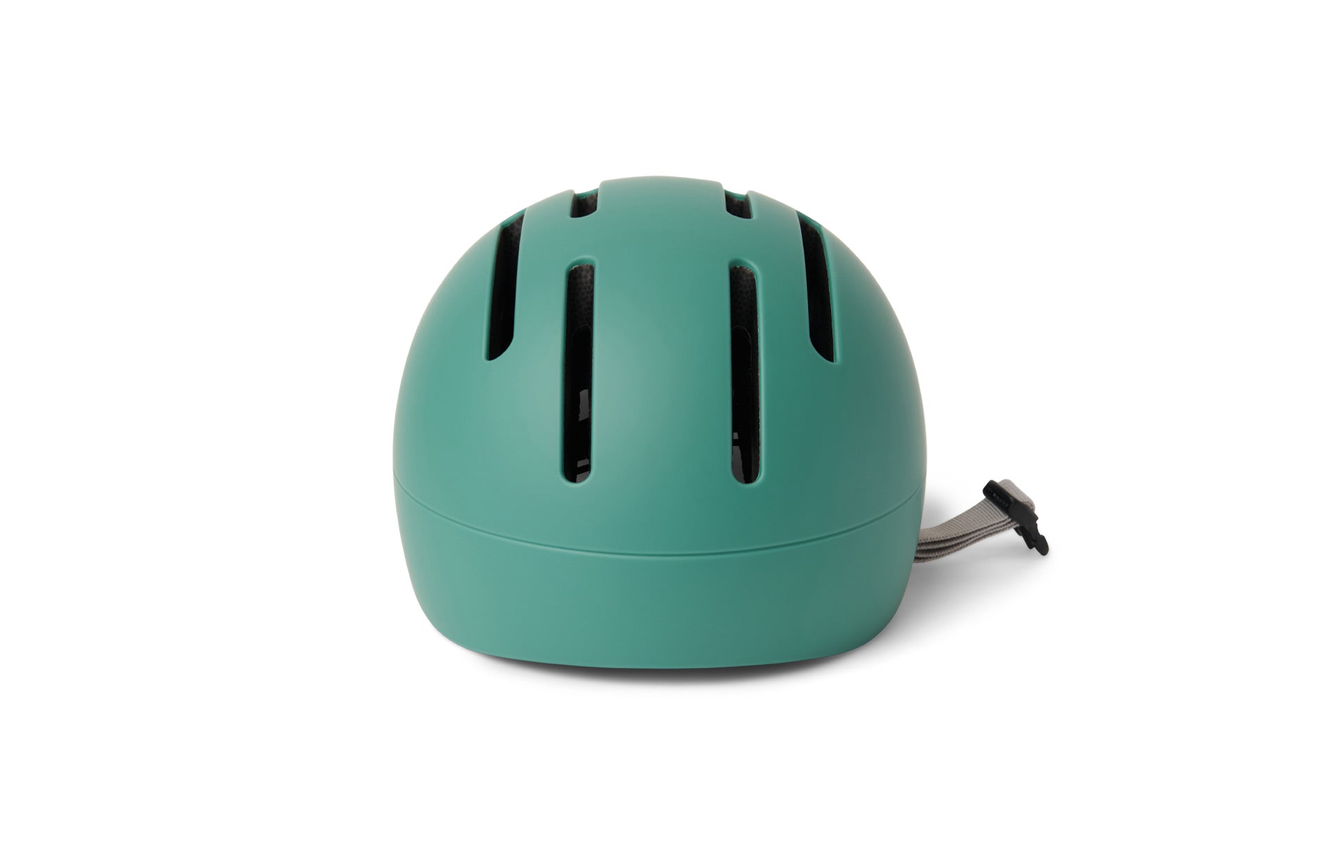 Green helmet with black straps on a white background