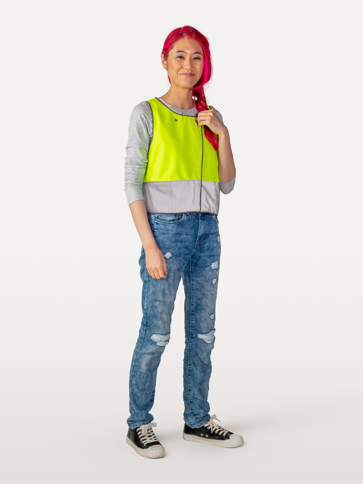 Dragonfly reflective vest front with stylish flap closed and zippered up