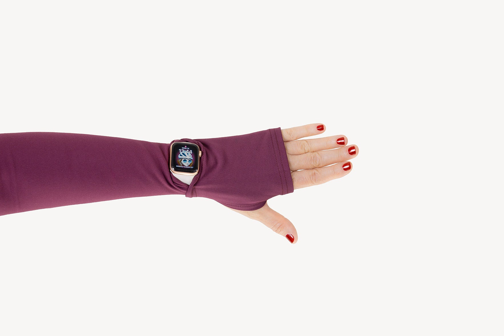 Purple arm sleeve with a smartwatch on a white background