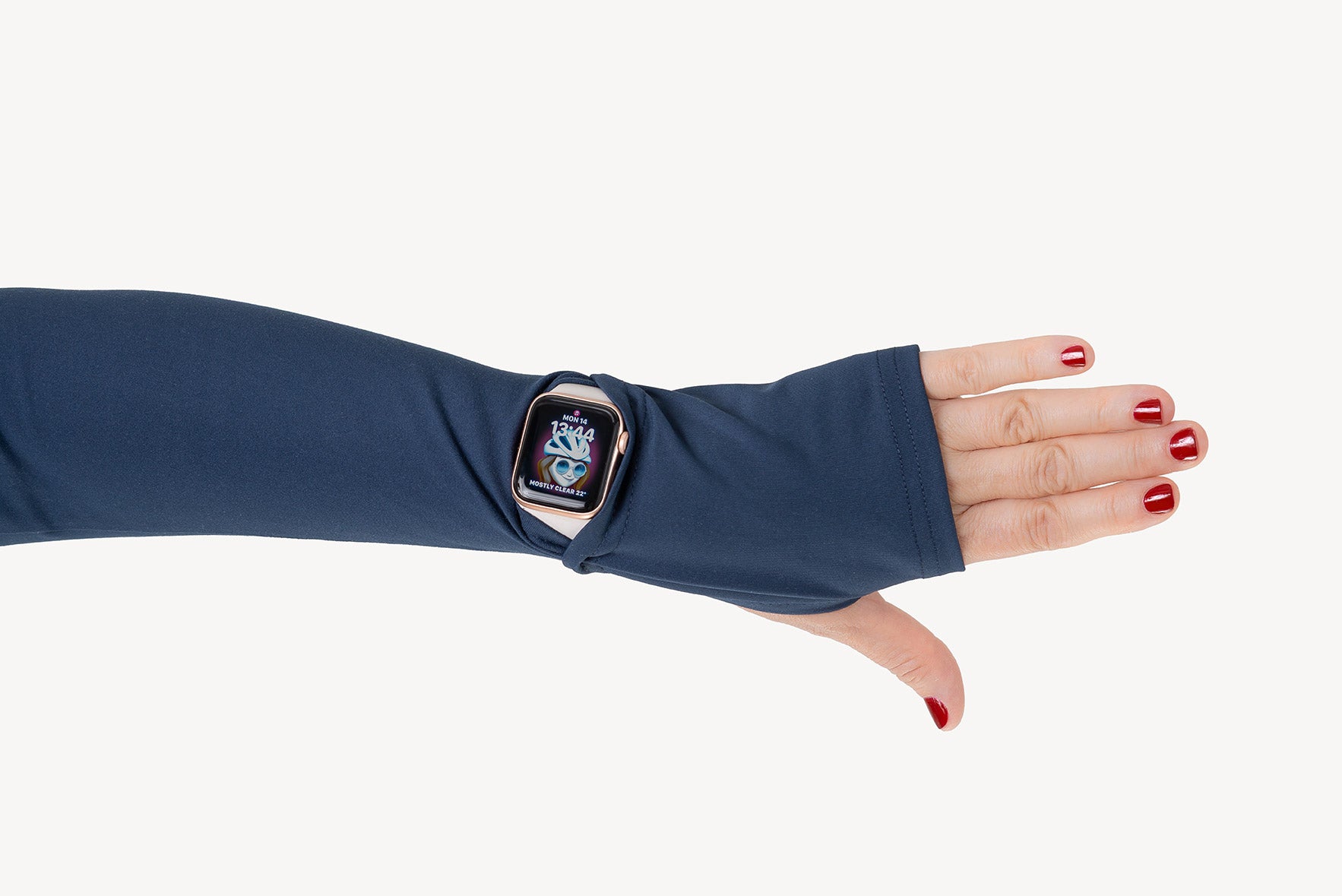 Navy blue arm sleeve with a smartwatch on a white background