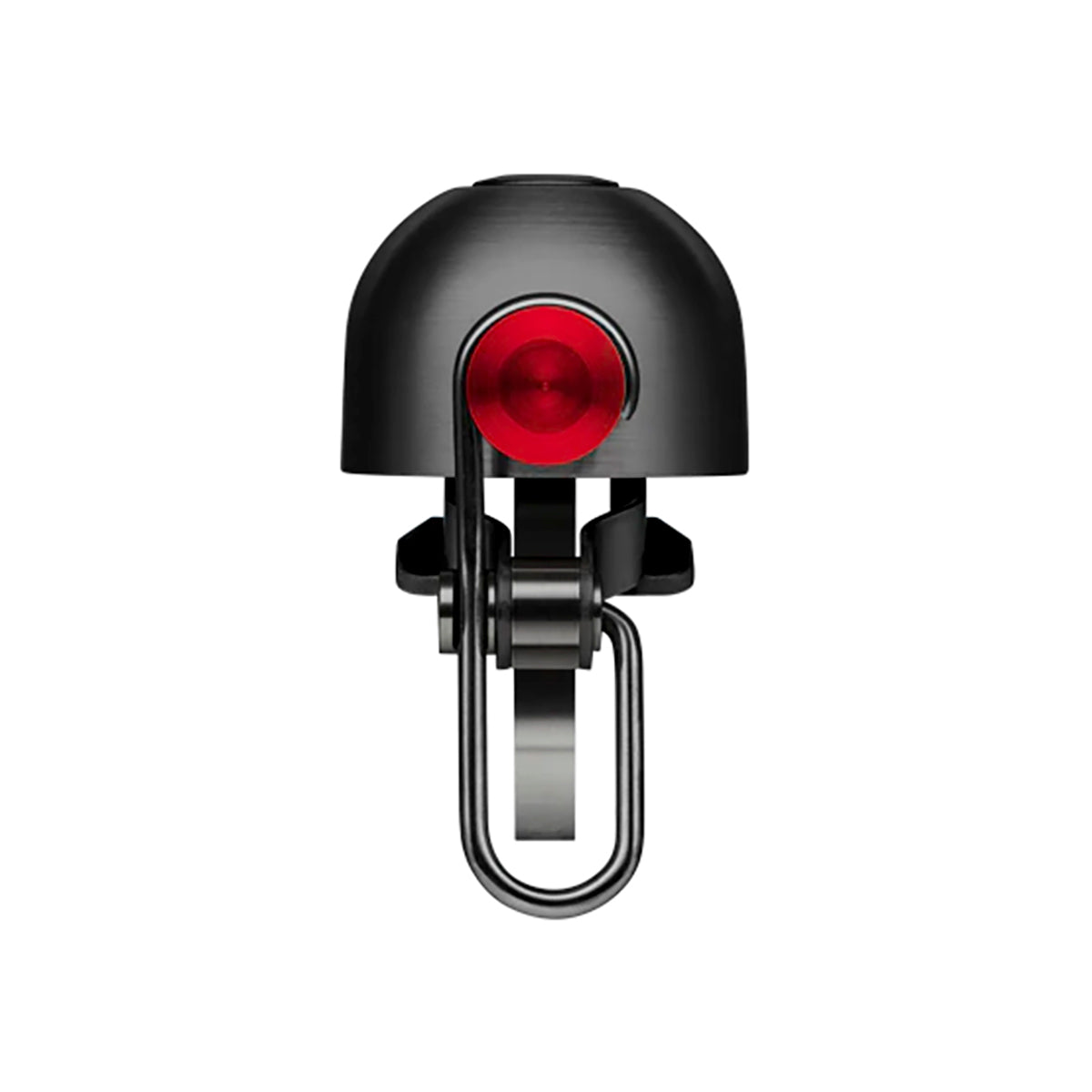 Black bicycle bell with red lens on a white background