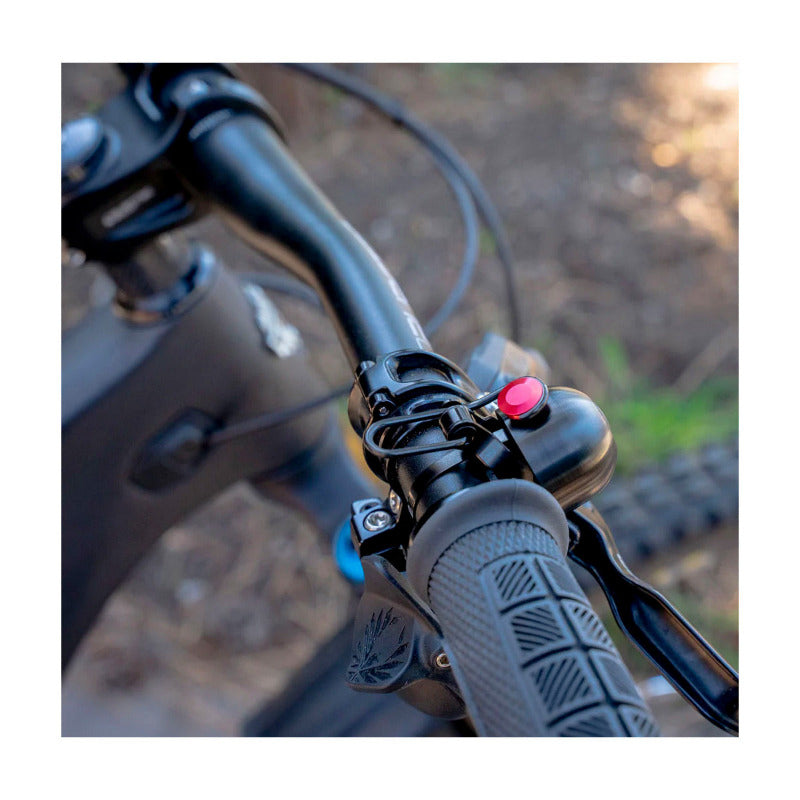 Close-up of a bicycle handlebar with black chrome background and red bell attached, outdoors.