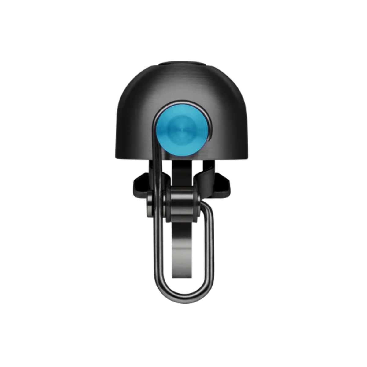 Black bike bell with blue button mechanism on a white background