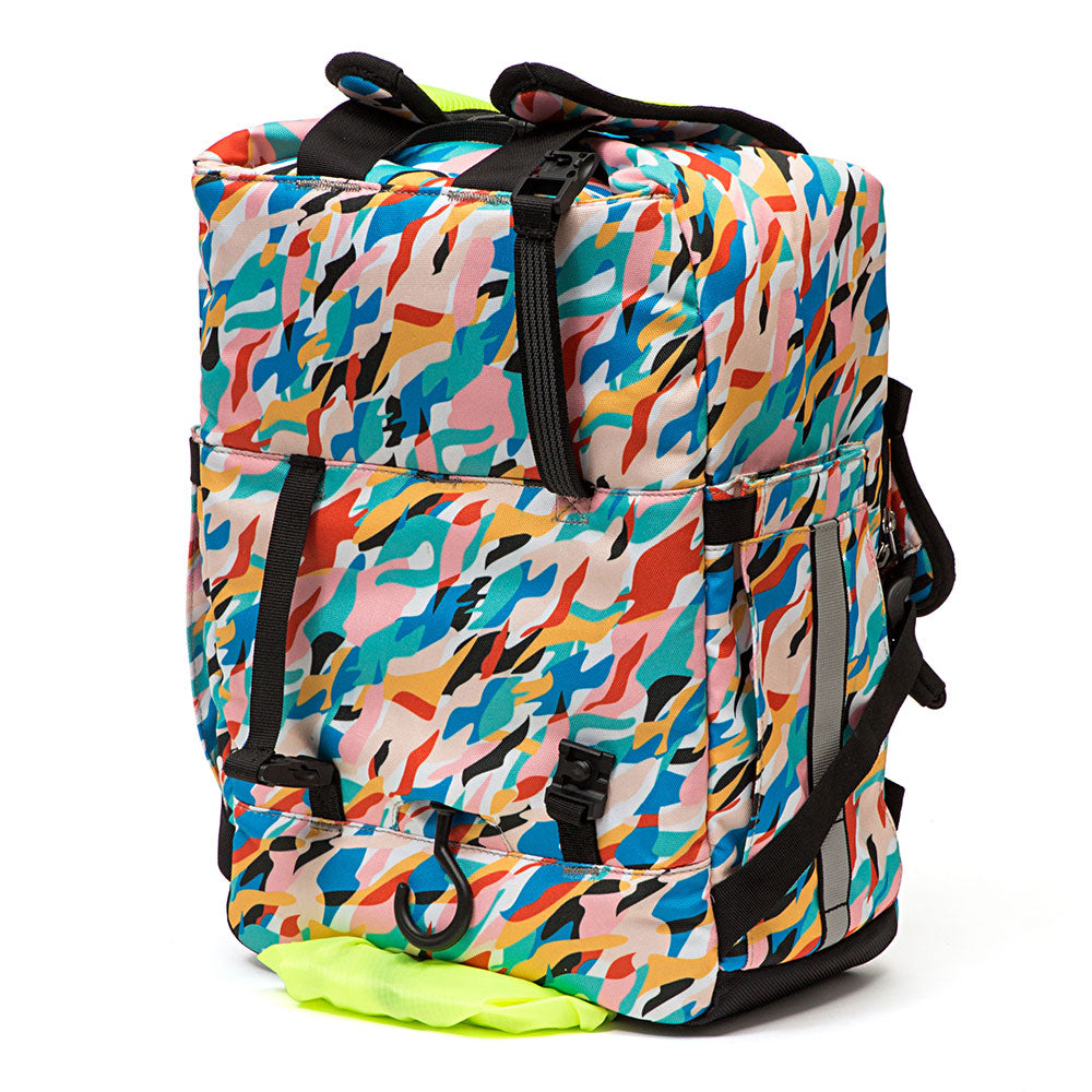 Multicolored patterned Bedford backpack on a white background