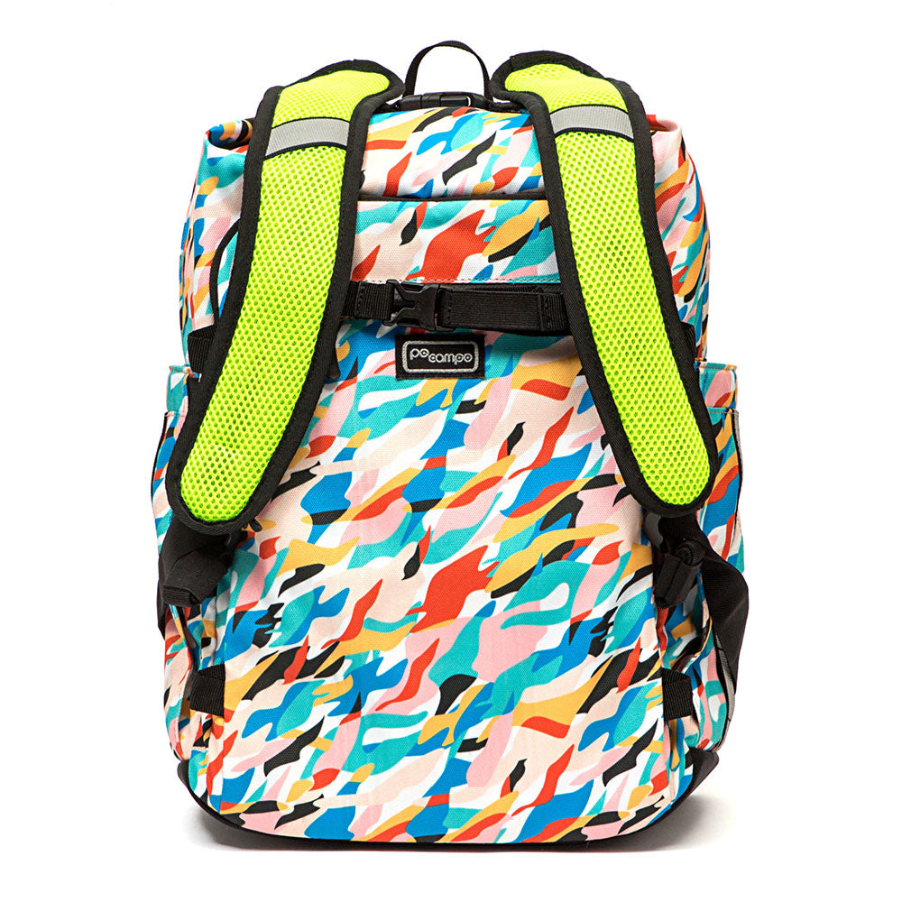 Colorful patterned Po Campo Bedford backpack with neon green accents on a white background