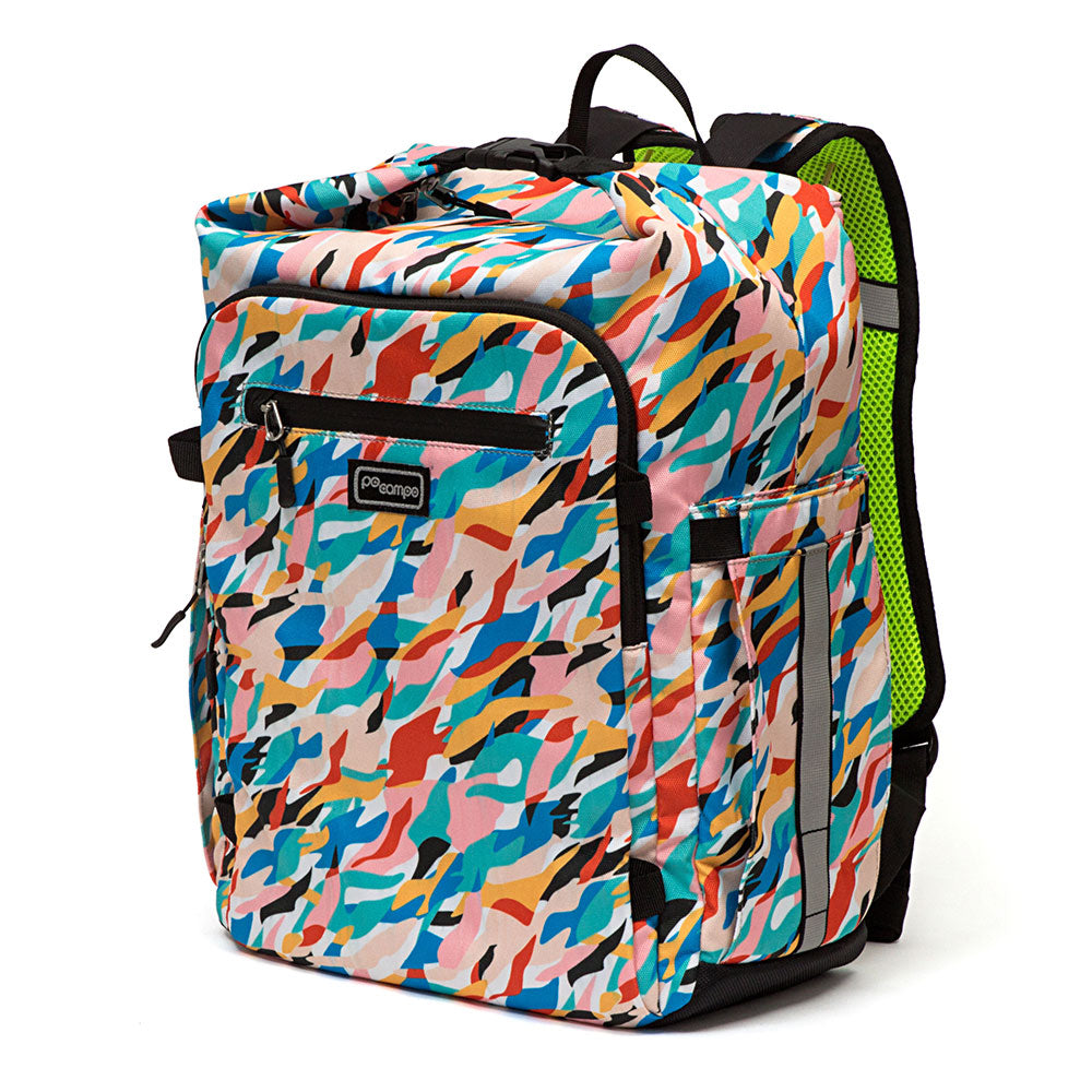 Colorful patterned backpack on a white background