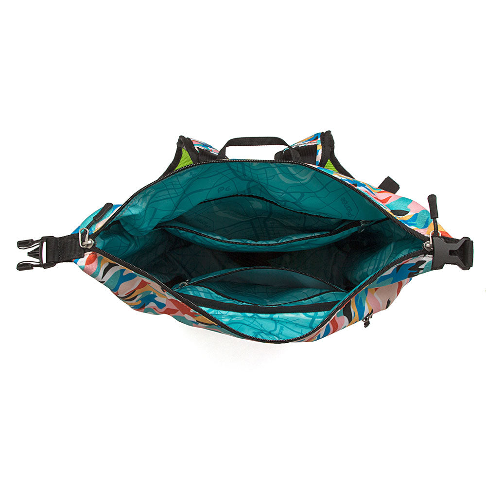 Open multicolored bag with floral pattern on a white background