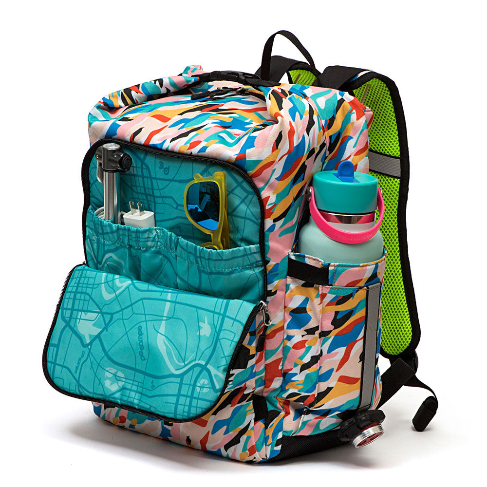 Colorful backpack with water bottle holder on a white background