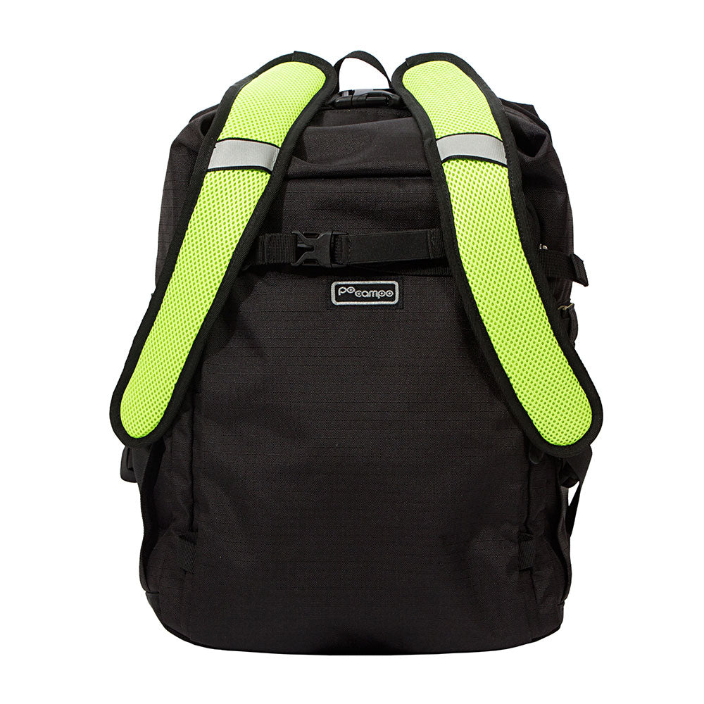 Black Po Campo Bedford  backpack with bright green shoulder straps on a white background