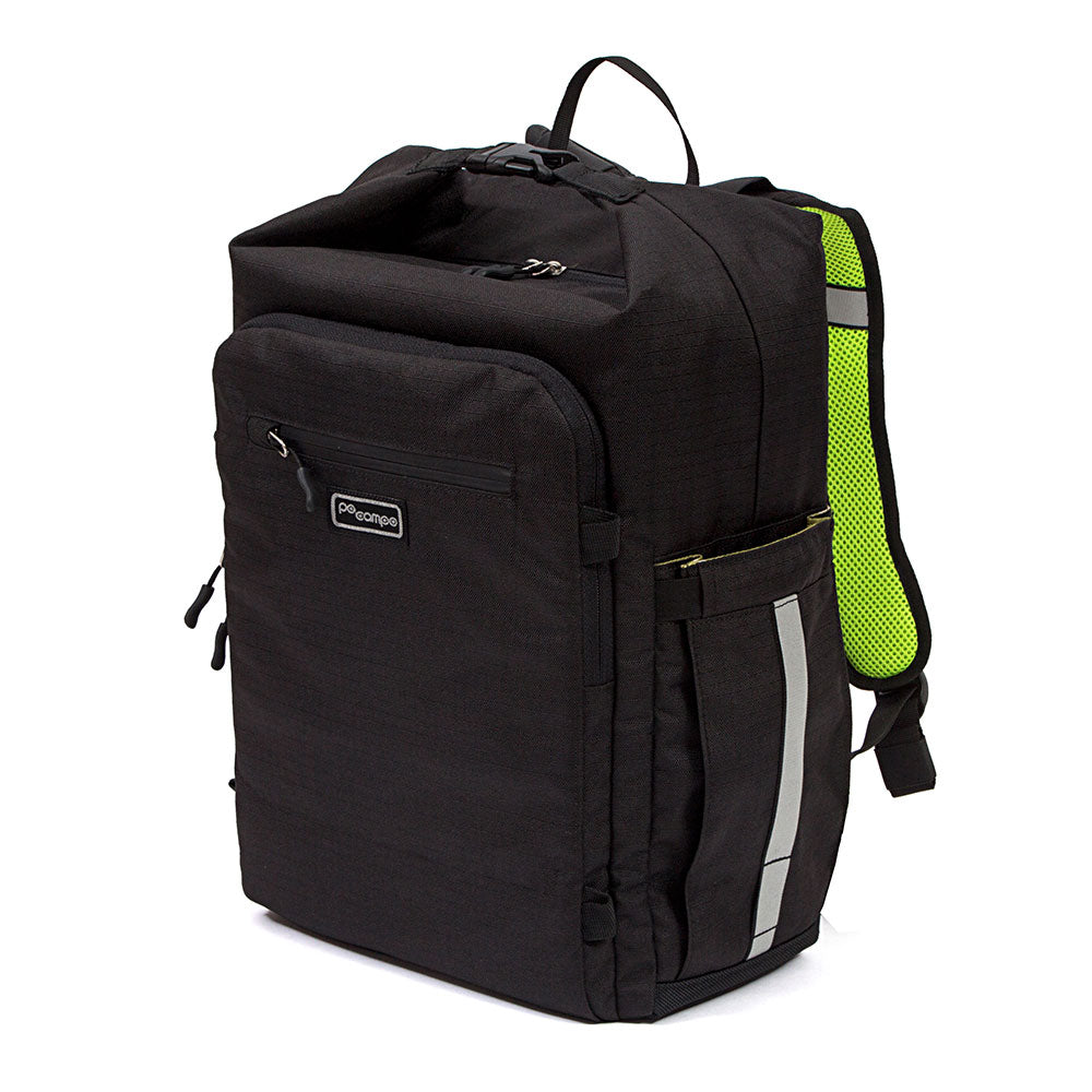 Black Po Campo Bedford backpack with green reflective accents on a white background