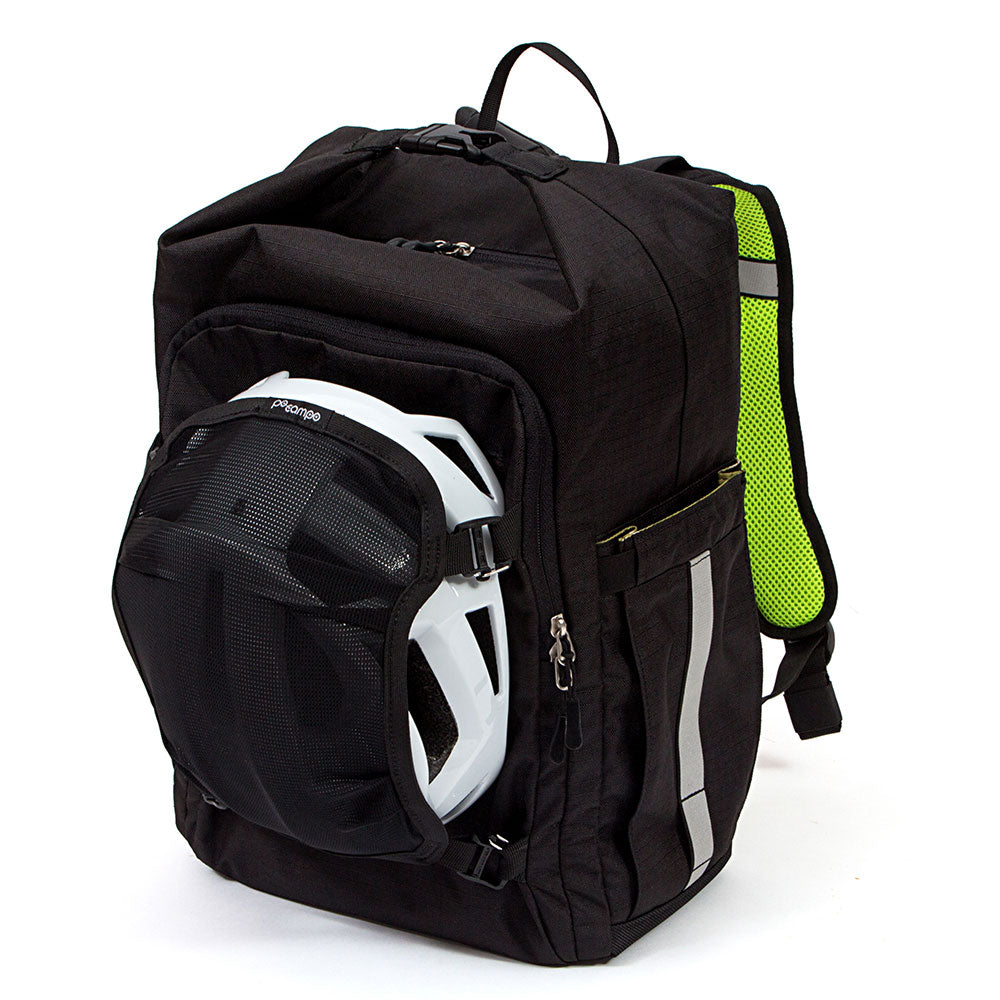 Black backpack with a white helmet  under detachable harness inside on a white background