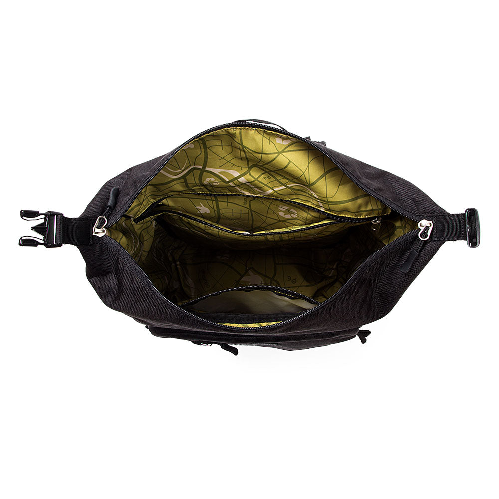 Black backpack with open front, showing green interior on a white background
