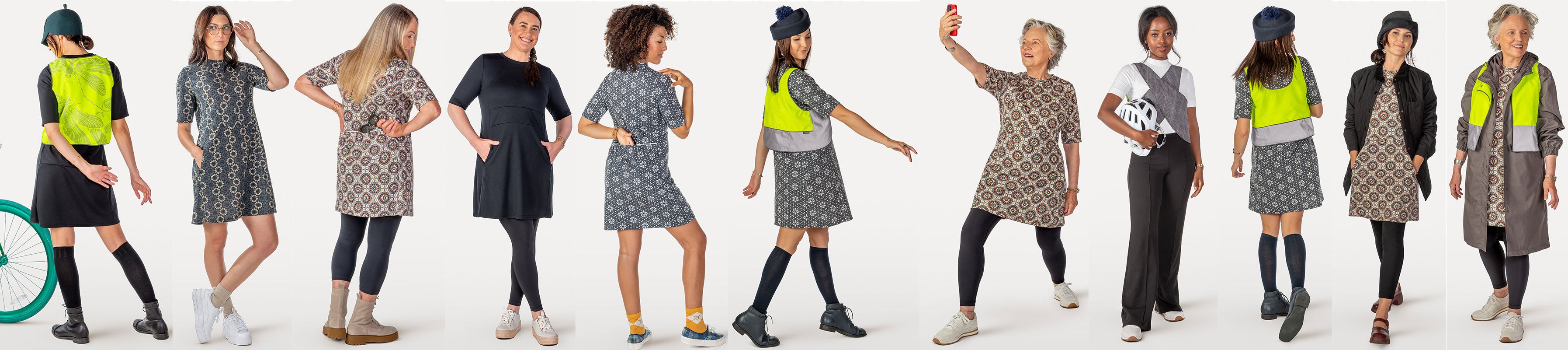 Cycling dresses showing range of styles with leggings and bike shorts, reflective vests over outerwear