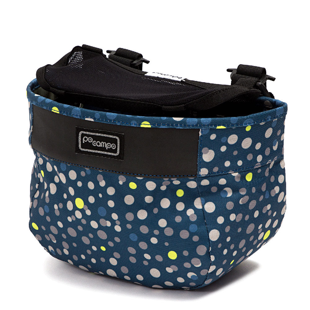 Blue polka dot cycling bag with black interior and visible brand logo on a white background