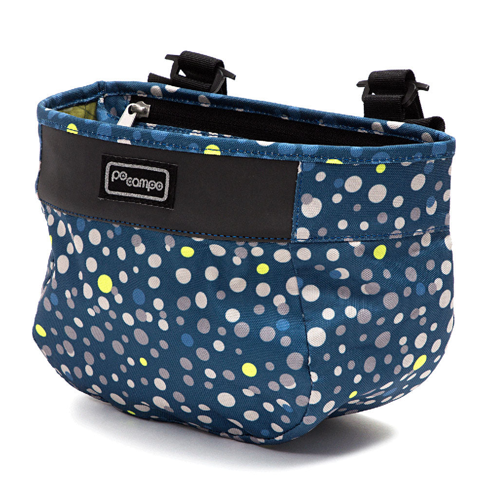 Blue polka dot Po Campo cycling bag with black straps on a white background