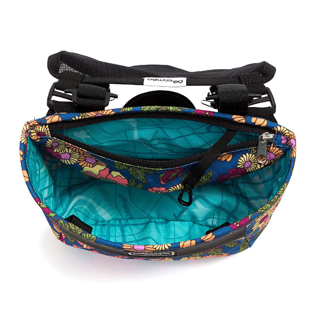 Colorful bicycle bag with floral pattern on a white background