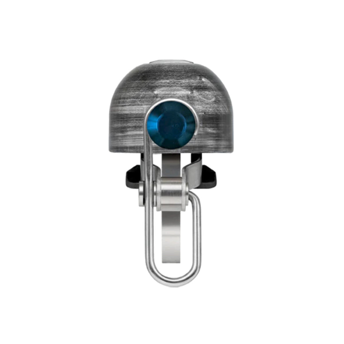 Metallic bicycle bell with a blue gemstone on a white background