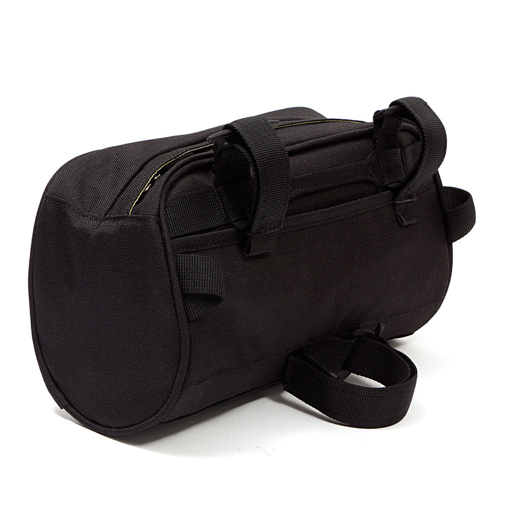 Black handlebar bag with a strap on a white background