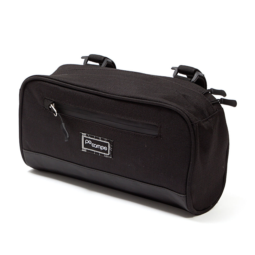 Black handlebar bag with a visible Po Campo logo on a white background