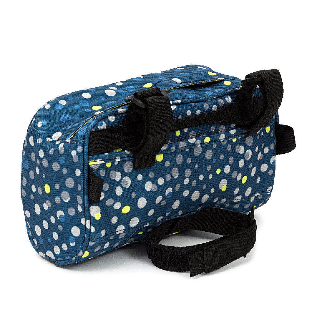Blue handlebar bag with white and yellow polka dots on a white background