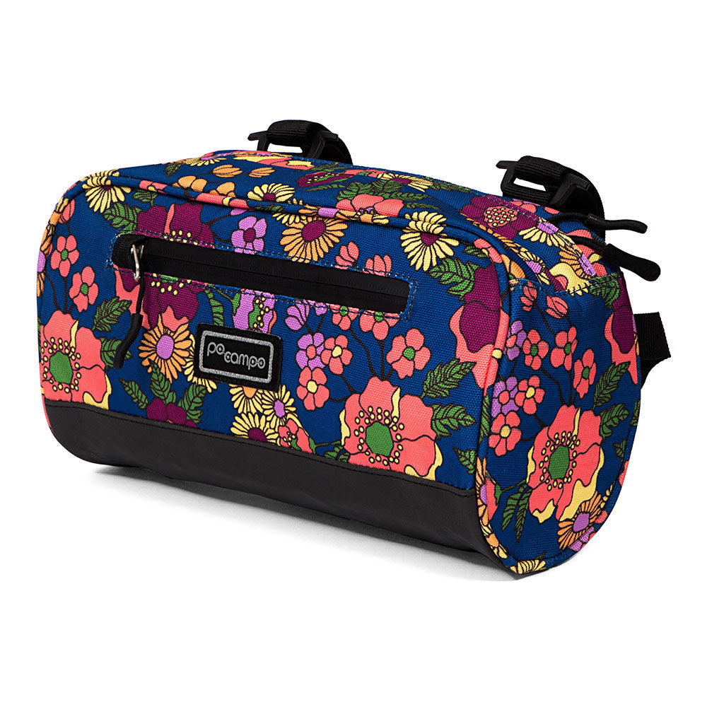 Colorful floral-patterned handlebar bag with a black base on a white background