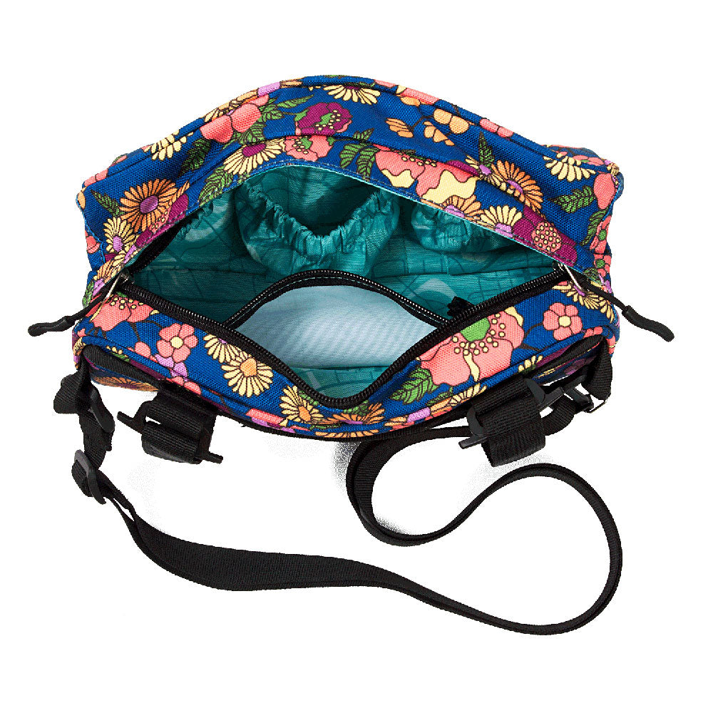 Floral-patterned handlebar bag on a white background