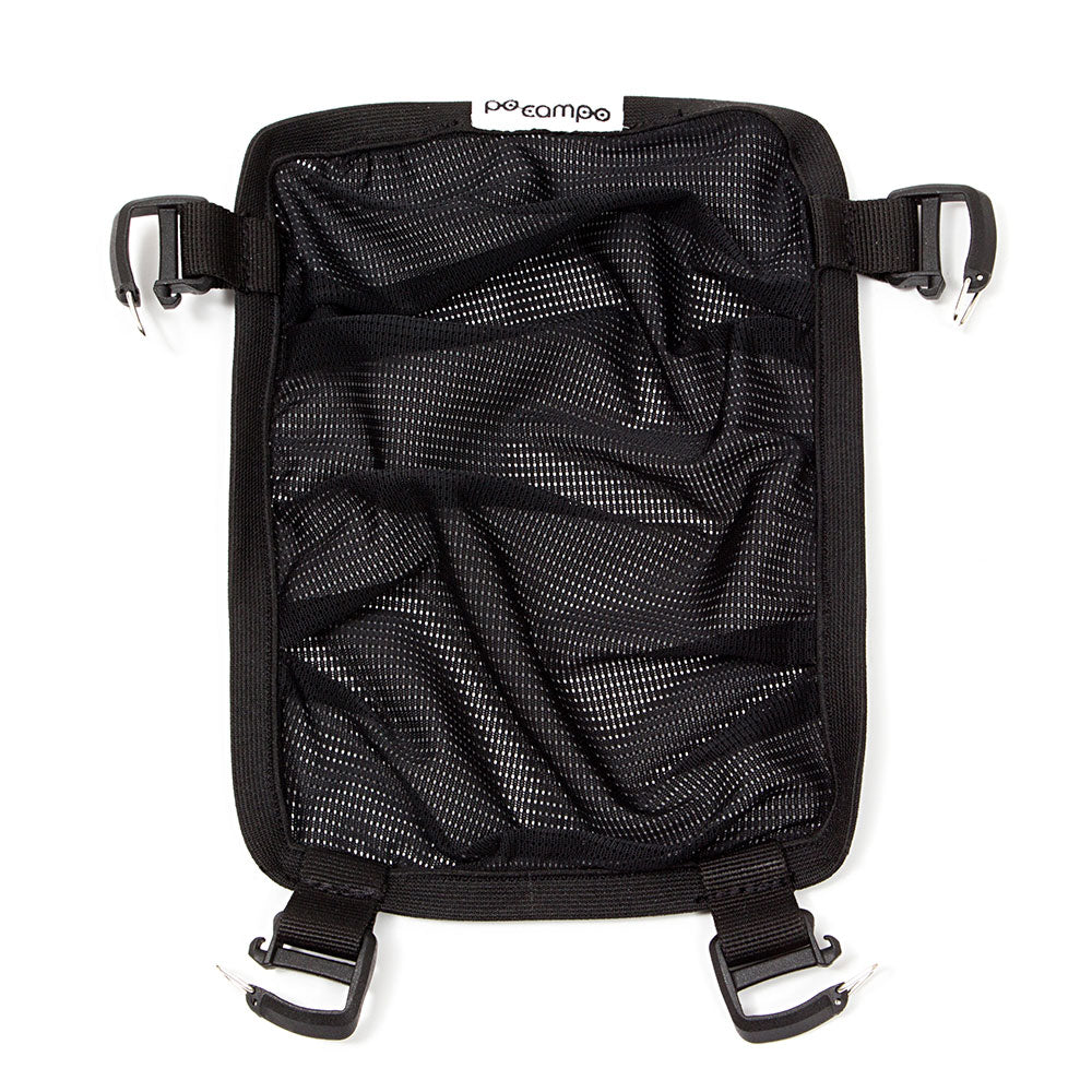 Black mesh bag with straps on a white background
