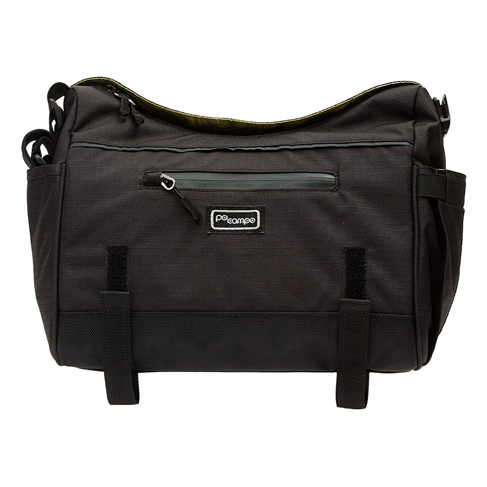 Black bicycle trunk bag with a visible Po Campo logo on a white background