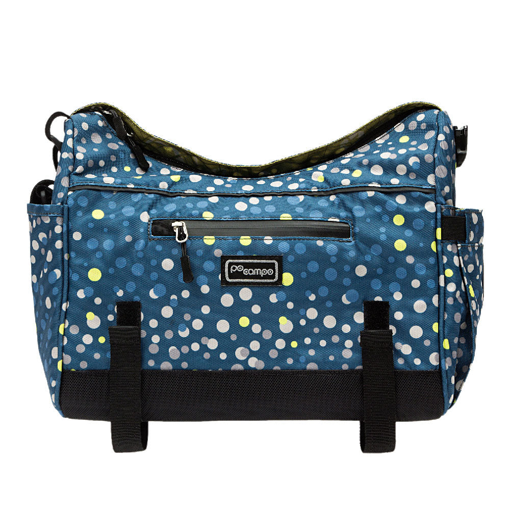 Blue polka dot Po Campo trunk bag with a visible brand logo on a white background